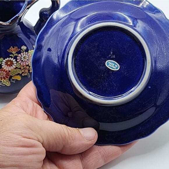 Vintage Mini Cobalt Blue Pitcher and Bowl Set Japan Floral Peacock Pattern - Picture 6 of 6